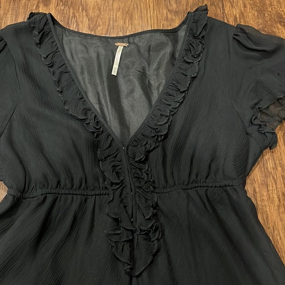 Free People Black Silk Mini Dress Lined Lettuce Edges empire waist ruffle 6 - Picture 2 of 7